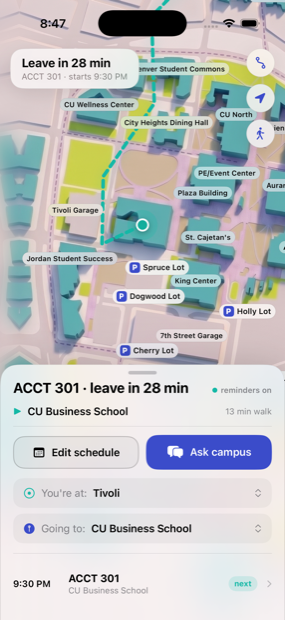 AurariaGO showing Leave in 29 minutes with a walking route to CU Business School