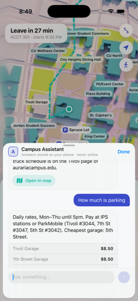 Campus Assistant showing parking rates