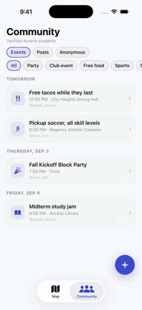 Campus events feed with a block party, free food, and study events
