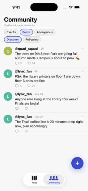 AurariaGO Community feed with posts from verified Auraria students